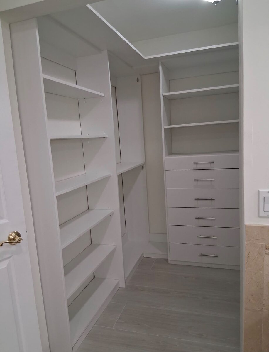 Wood-tone shelving with integrated LED lighting