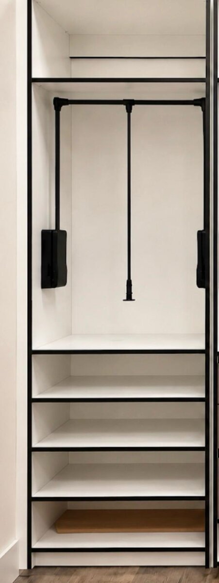 Closet rod detail with adjustable hanging hardware and open shelving